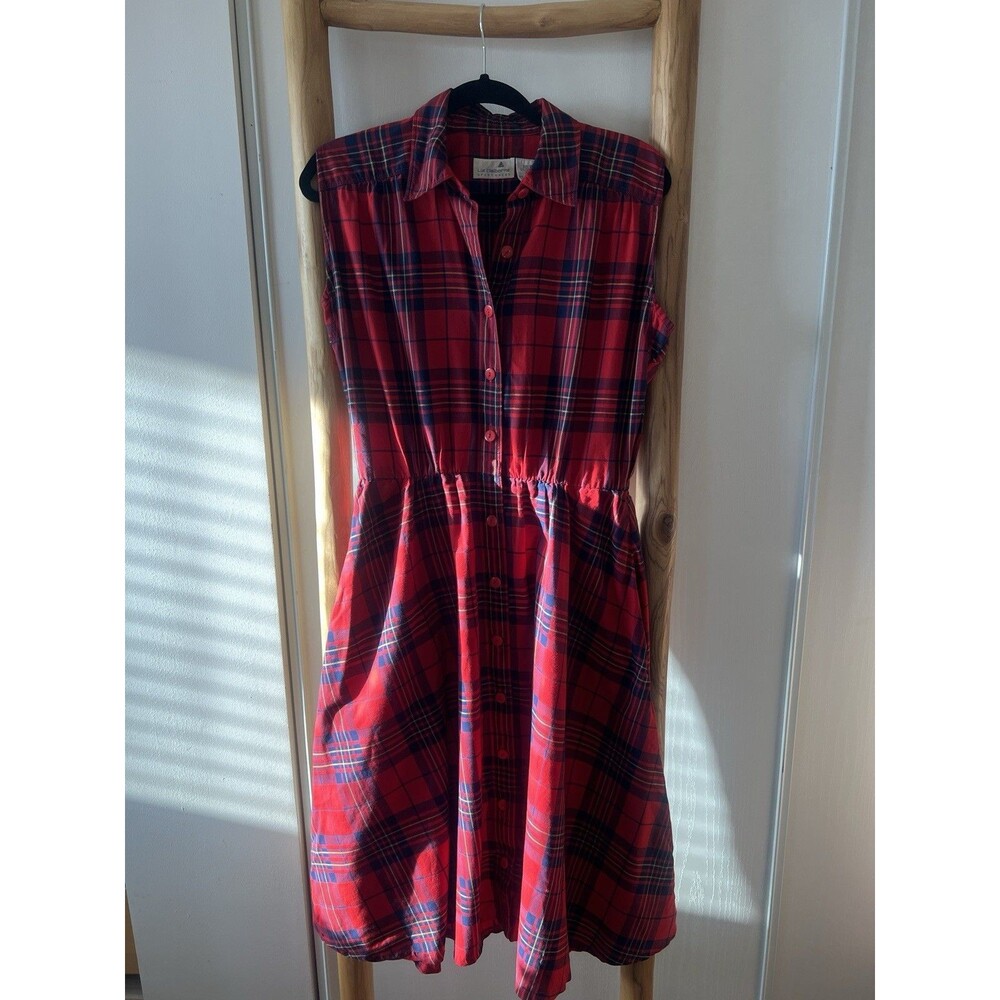Vintage Liz Claiborne 80s 90s Womens 8 Red/Blue Plaid Collared Sleeveless Dress